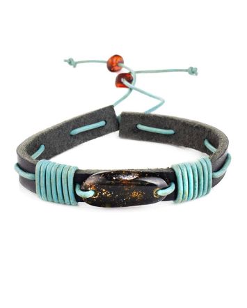 Dark Leather Tie Bracelet With Green Amber The Copacabana, image 