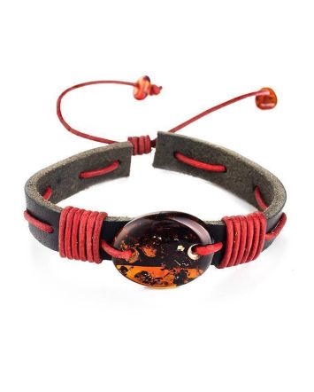 Leather Pull And Tie Bracelet With Cognac Amber The Copacabana, image 