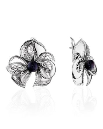 Floral Design Silver Pearl Earrings, image 