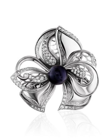 Floral Design Silver Pearl Pendant, image 