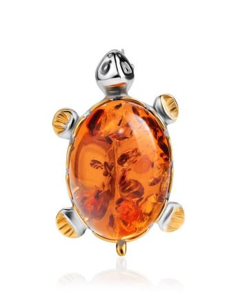 Cognac Amber Brooch In Gold Plated Silver The Turtle, image 