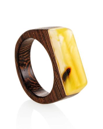 Handcrafted Wenge Wood Ring With Honey Amber The Indonesia, Ring Size: 10 / 20, image 