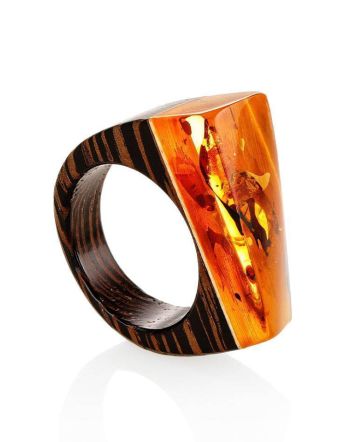Boho Style Wenge Wood Ring With Bright Lemon Amber The Indonesia, Ring Size: 7 / 17.5, image 