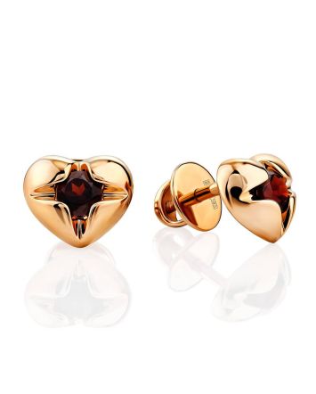 Heart Motif Gold Garnet Stud Earrings, image 