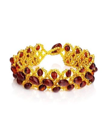 Cherry Amber Braided Bracelet With Yellowish Glass Beads The Fable, image 