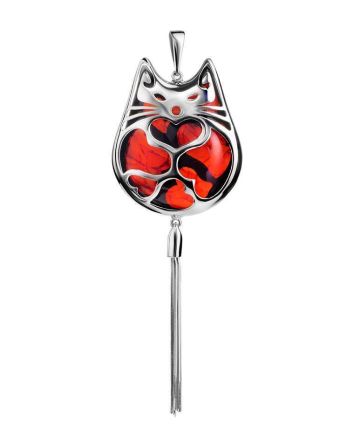 Cat Motif Silver Amber Pendant With Tassel, image 
