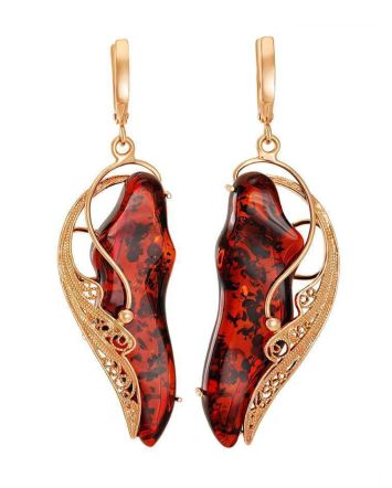 Bold Gold-Plated Earrings With Luminous Cherry Amber The Dew, image 