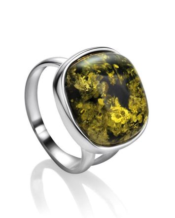 Green Amber Ring In Sterling Silver The Copenhagen, Ring Size: 5.5 / 16, image 