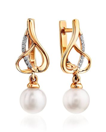 Elegant Gold Pearl Earrings, image 
