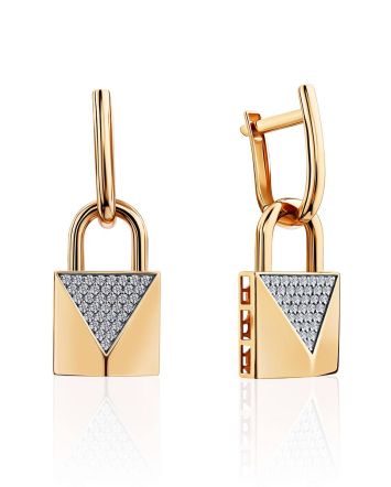 Padlock Design Gold Crystal Transformable Earrings The Roxy, image 