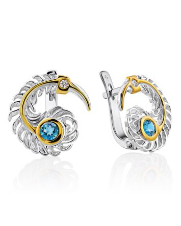 Feather Motif Silver Topaz Earrings, image 