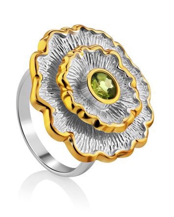 Ornate Flower Design Silver Chrysolite Ring, Ring Size: 9 / 19, image 