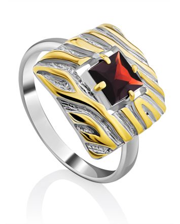 Geometric Design Silver Garnet Ring, Ring Size: 7 / 17.5, image 