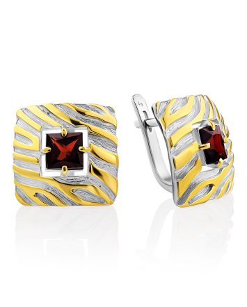 Geometric Design Silver Garnet Earrings, image 