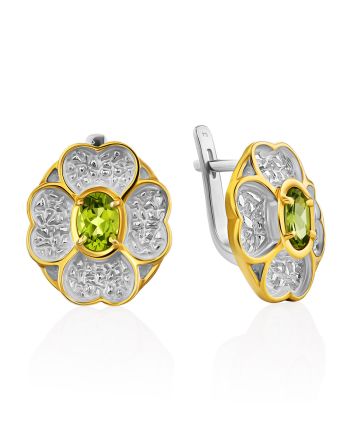 Four Petal Floral Design Silver Chrysolite Earrings, image 
