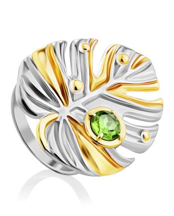 Leaf Motif Silver Chrysolite Ring, Ring Size: 9 / 19, image 