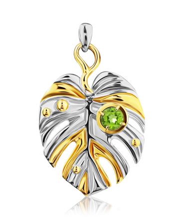 Lustrous Leaf Design Silver Chrysolite Pendant, image 