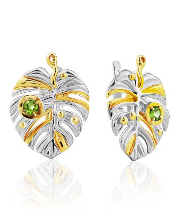 Lustrous Leaf Design Silver Chrysolite Earrings, image 