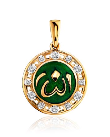 Round Gold Enamel Pendant With Crystals, image 