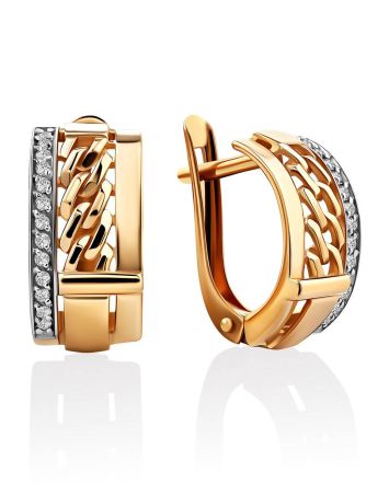 Trendy Chain Motif Gold Crystal Earrings, image 