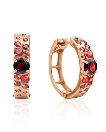 Bright Gold Garnet Hoop Earrings, image 