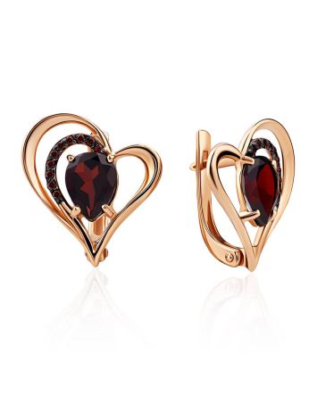 Heart Shaped Design Gold Garnet Earrings, image 