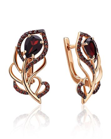 Feather Motif Gold Garnet Earrings, image 