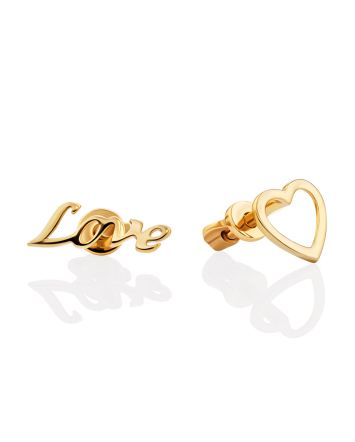 Cute Asymmetric Gilded Silver Studs "LOVE", image 
