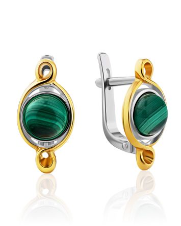 Chic Bicolor Silver Malachite Earrings, image 