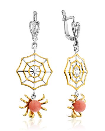 Bold Spider Web Design Silver Coral Earrings, image 