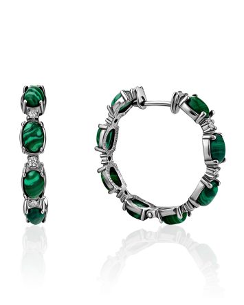 Gorgeous Silver Reconstituted Malachite Hoop Earrings With Crystals, image 
