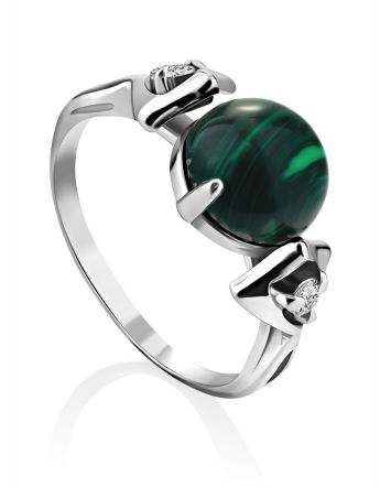 Classy Silver Reconstituted Malachite Ring With Crystals, Ring Size: 6 / 16.5, image 