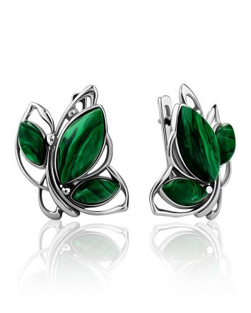 Leaf Motif Silver Reconstituted Malachite Earrings, image 