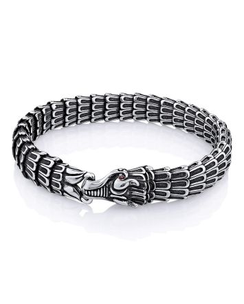 Dragon Motif Silver Link Bracelet With Garnet, image 