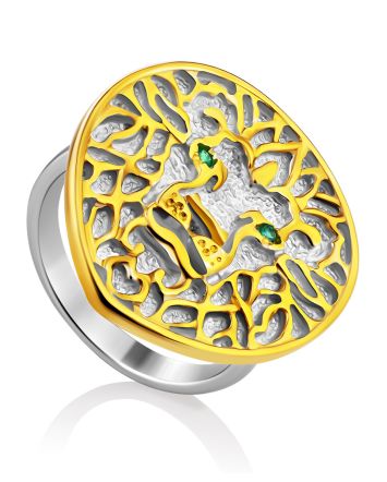 Lion Motif Silver Signet Ring With Green Crystals, Ring Size: 7 / 17.5, image 