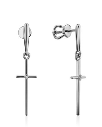 Cross Design Silver Crystal Dangle Earrings, image 