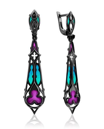 Exquisite Blackened Silver Enamel Earrings With Garnet The Gothic, image 