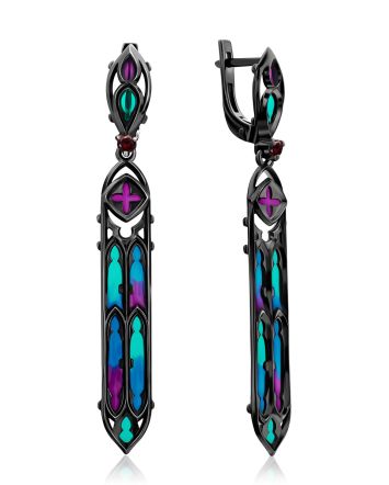 Fabulous Blackened Silver Enamel Earrings With Garnet The Gothic, image 