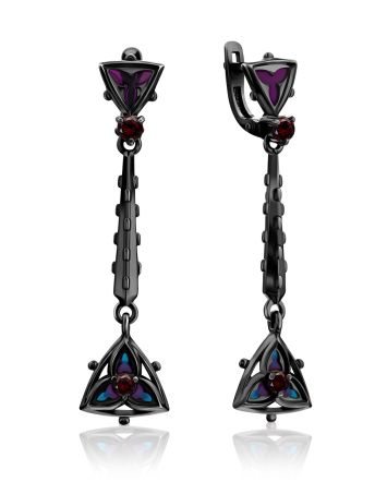 Blackened Silver Enamel Dangle Earrings With Garnet The Gothic, image 