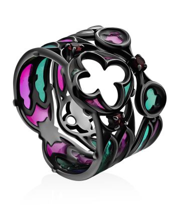Luminous Blackened Silver Stackable Ring With Garnet  And EnamelThe Gothic, Ring Size: 6.5 / 17, image 