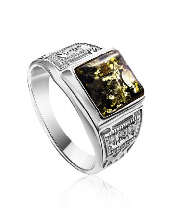 Square Silver Signet Ring With Green Amber The Cesar, Ring Size: 8.5 / 18.5, image 
