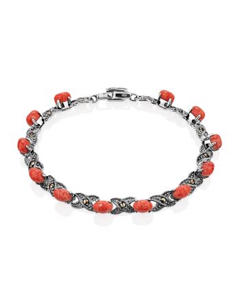 Chic Silver Reconstituted Coral Bracelet With Marcasites The Lace, image 