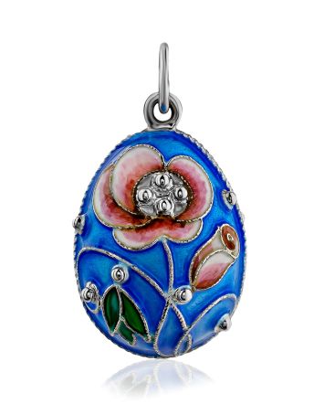 Classy Floral Motif Silver Enamel Egg Pendant The Romanov, image 