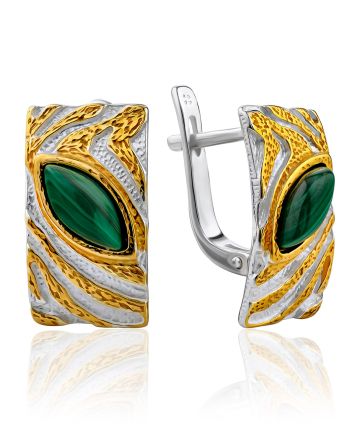 Textured Gilded Silver Malachite Earrings, image 