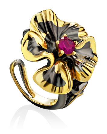 Chic Floral Motif Gilded Silver Ring, Ring Size: Adjustable, image 