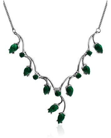 Floral Motif Silver Reconstituted Malachite Necklace, image 