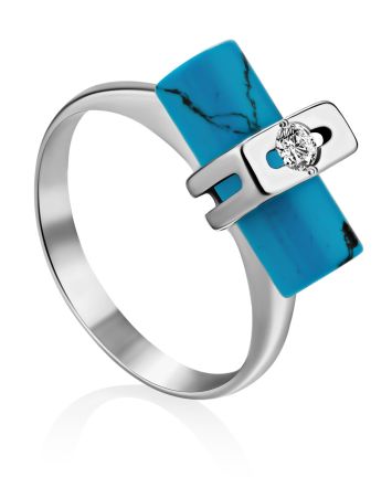 Stylish Silver Reconstituted Turquoise Ring With Crystal, Ring Size: 6.5 / 17, image 
