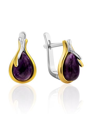 Tulip Motif Gilded Silver Charoite Earrings, image 