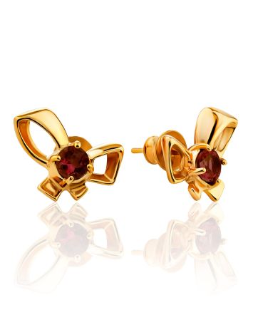 Cute Bow Motif Gilded Silver Garnet Stud Earrings, image 