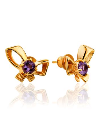 Cute Gilded Silver Amethyst Bow Earrings, image 